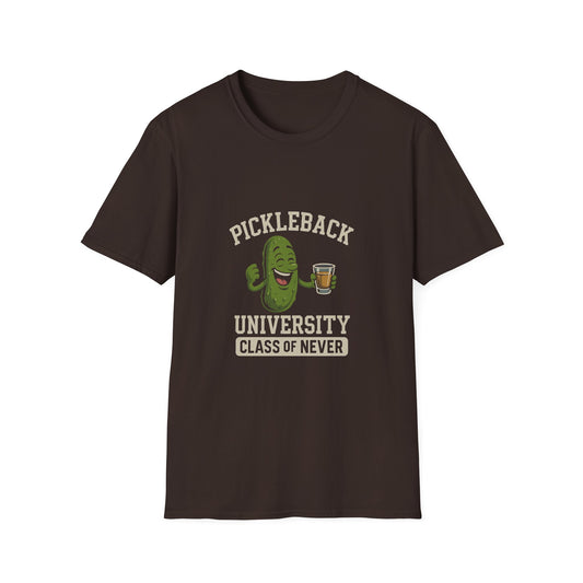 Pickleback University T-Shirt — “Class of Never” Funny Pickle & Shot Graphic Tee