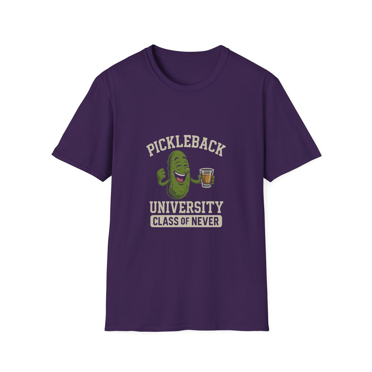 Pickleback University T-Shirt — “Class of Never” Funny Pickle & Shot Graphic Tee