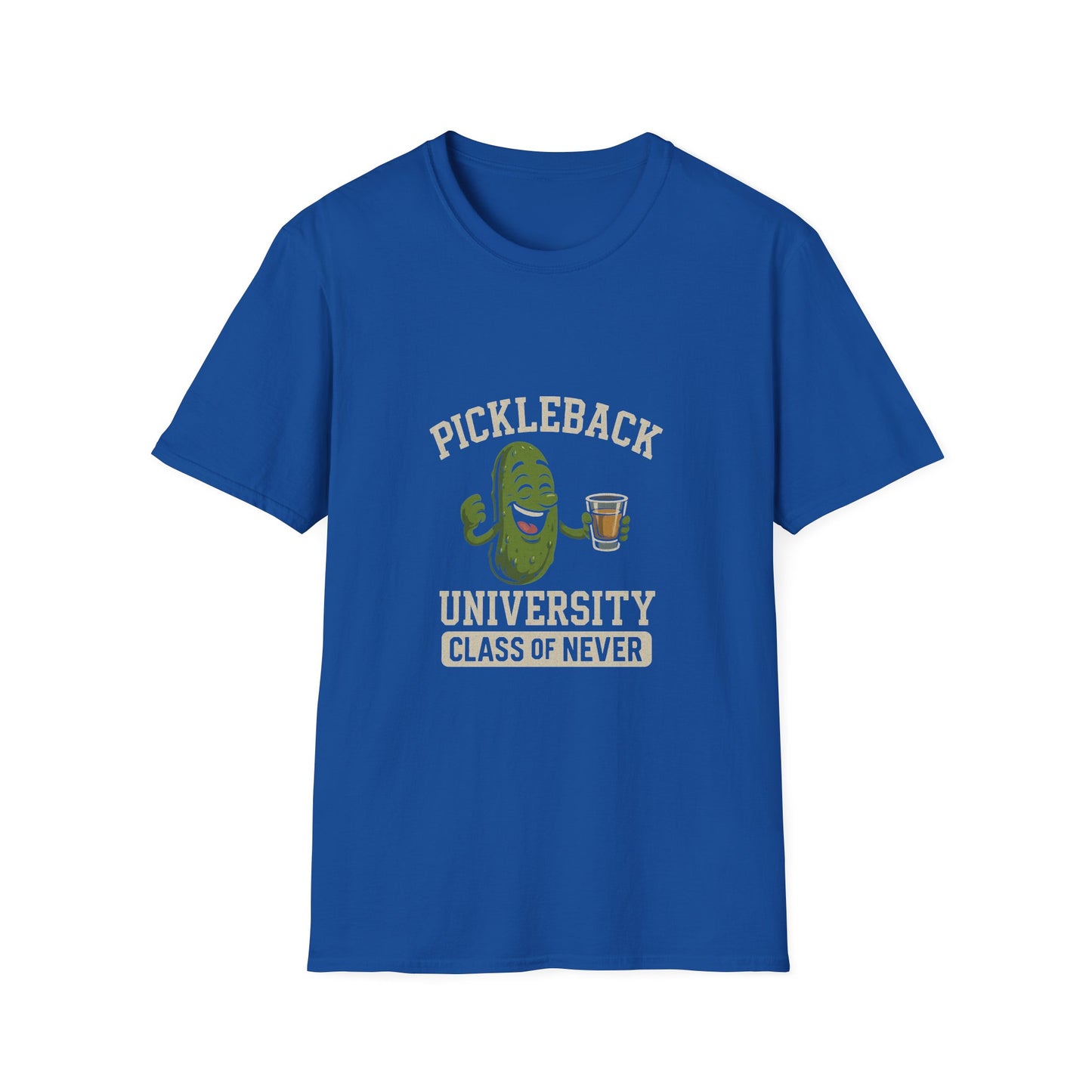 Pickleback University T-Shirt — “Class of Never” Funny Pickle & Shot Graphic Tee