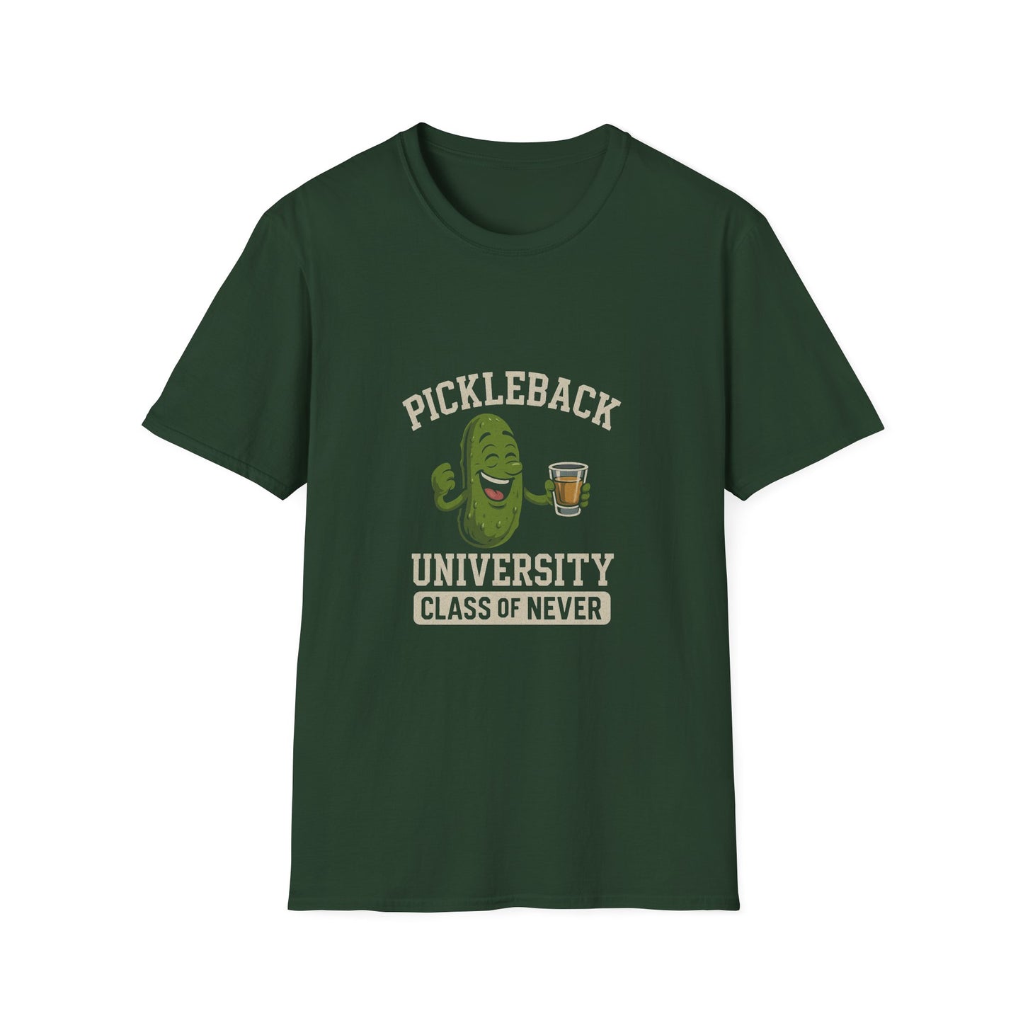 Pickleback University T-Shirt — “Class of Never” Funny Pickle & Shot Graphic Tee