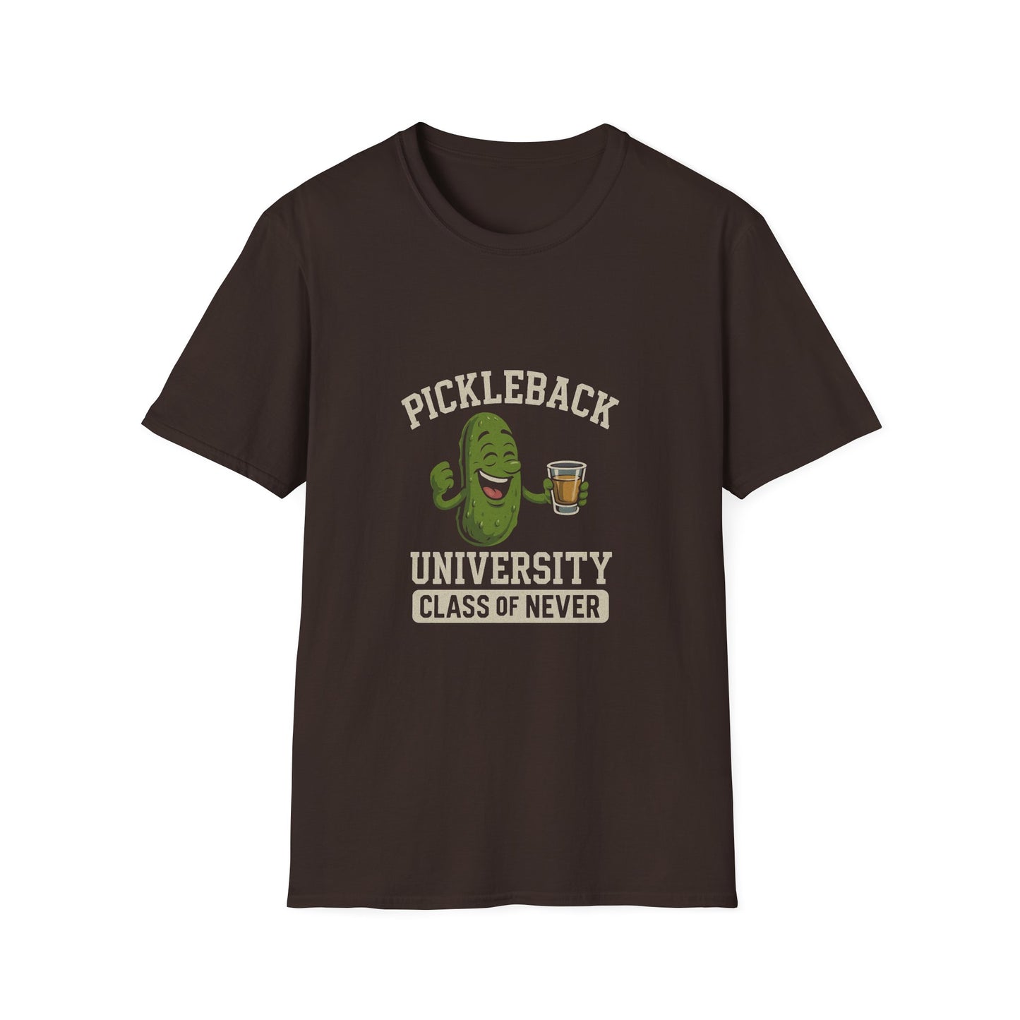 Pickleback University T-Shirt — “Class of Never” Funny Pickle & Shot Graphic Tee