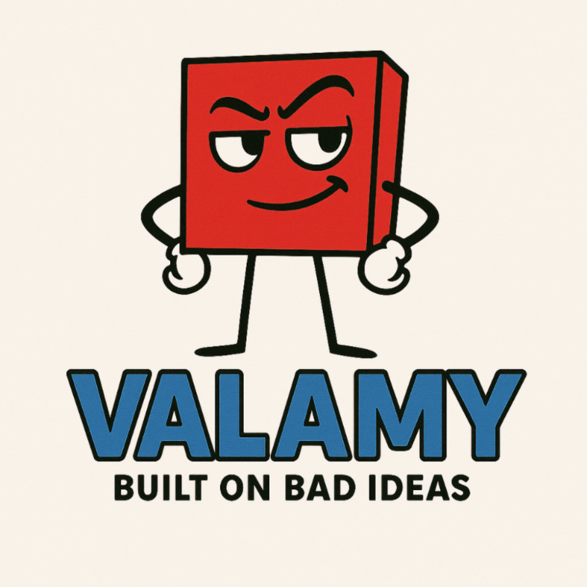Red block character with arms and legs, holding a sign with 'VALAMY' and 'BUILT ON BAD IDEAS' text on a beige background.
